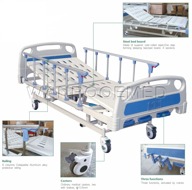 3 Cranks Hospital Bed, Three Function Medical Bed , Adjustable Hospital Bed, Three Cranks Medical Bed, Manual Patient Bed